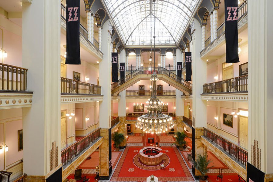 Grand Budapest Hotel atrium set with balconies and glazed roof